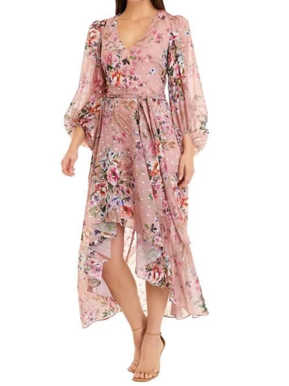 Eliza J Floral Pink High-Low Surplice Wrap Chiffon Dress